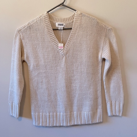 PINK Victoria’s Secret - V-neck, oatmeal, knit slouchy sweater - Picture 2 of 7